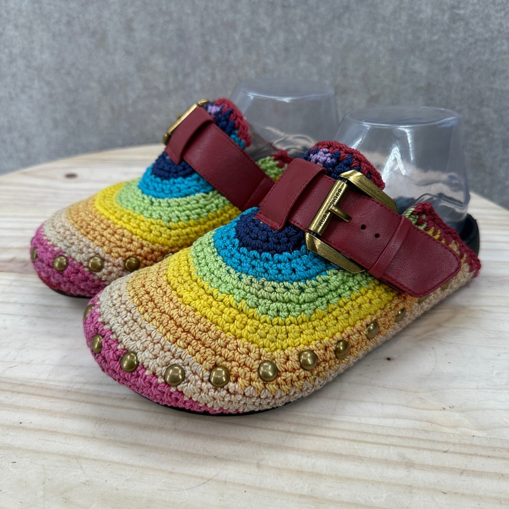 Kurt Geiger Crochet Ozark Mules Womens 6 Rainbow Studded Buckle Slides